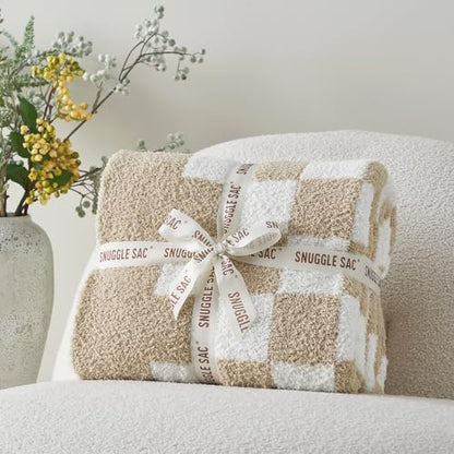 Snuggle Sac Checkered Bedding Blanket Twin Size 60x80, Super Soft, Cozy Warm Knit Blankets, Reversible Breathable Lightweight Fluffy Throws for Sofa, Bed, Checkered Beige, 60x80 Inches - color: Checkered Beige, size: Twin(60"x 80")