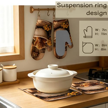 Highland Cow Sunflower Oven Mitts and Pot Holders Sets Silicone Kitchen Mitts Potholders Heat Resistant 4Pcs Oven Gloves Hot Pads for Kitchen Baking Cooking - color: Highland Cow Sunflower