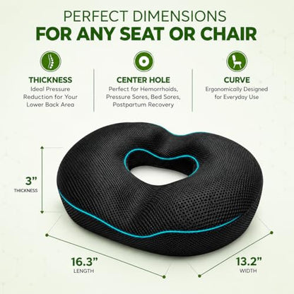 Donut Gel Sitting Pillow - Orthopedic Memory Foam for Tailbone Pain, Hemorrhoid, Bed Sores, Postpartum, Prostate, Coccyx & Sciatica Pain