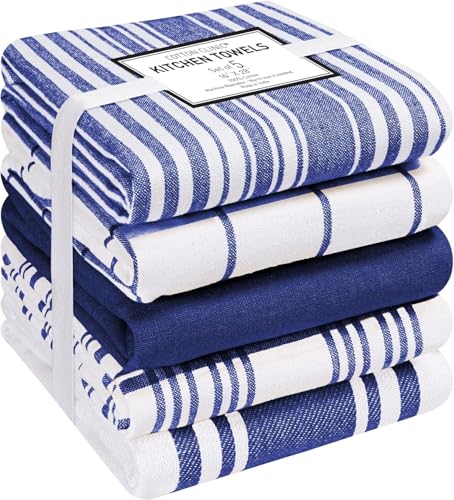 Assorted Kitchen Towels 5 Pack – Soft Absorbent Quick Drying Table & Kitchen Linen - Dish Towels, Dish Cloths, Tea Towel and Cleaning Towel with Hanging Loop – 16x28 / Navy White - color: Navy Blue White