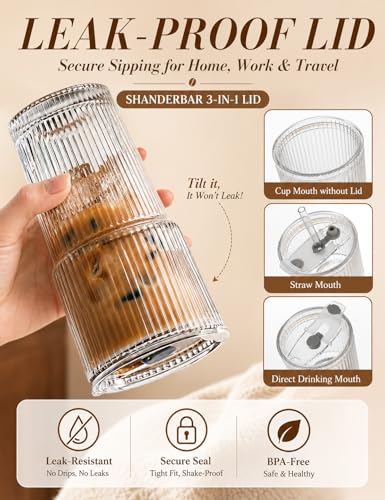 20 oz Ribbed Glass Tumblers with Lids and Straws, Clear, Set of 4 | Thick Reusable Iced Coffee Cups Leak-proof, Reusable Drinking Glasses for Cold & Hot Beverages, Fits Car Cup Holder Travel