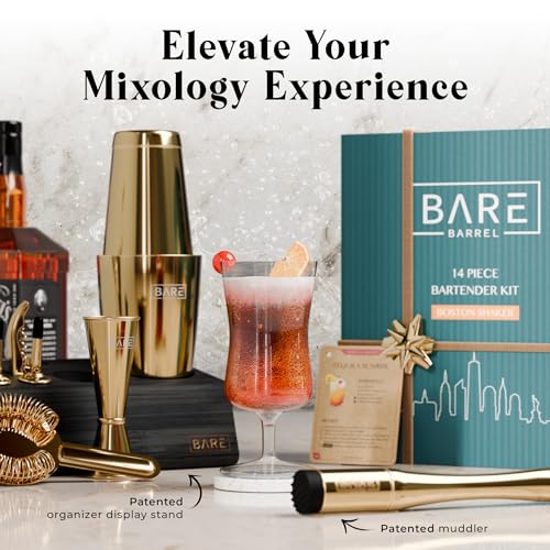 BARE BARREL® Mixology Bartender Kit Bar Set | 14-Piece Cocktail Shaker Set | Martini Barware Mixing Tools for Home Bartending | Incl. 35 Recipe Cards | Gift Set (28oz Boston Shaker, Gold/Black) - color: Gold/Black