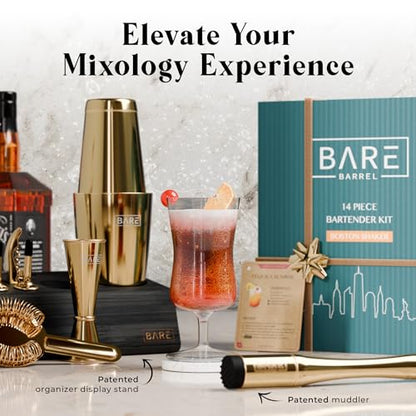 BARE BARREL® Mixology Bartender Kit Bar Set | 14-Piece Cocktail Shaker Set | Martini Barware Mixing Tools for Home Bartending | Incl. 35 Recipe Cards | Gift Set (28oz Boston Shaker, Gold/Black) - color: Gold/Black