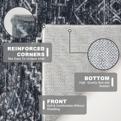 KILOCOCO Washable Runner Rug 2x6 ft Hallway Runners, Blue-Black | Non Slip Runner Rug, Printed Kitchen Runner Rug, Low-Pile Entryway Runners, Soft Geometric Rugs for Bedroom Hall Living Room - color: Black/Navy/White, size: 2' x 6' (Runner)