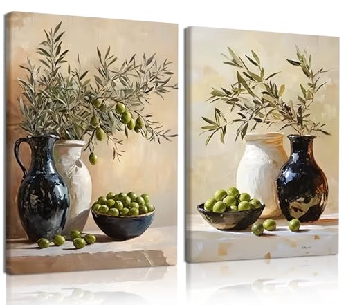 EEYNAQQ Olive Branch Still Life Wall Art, 2-Piece Neutral Kitchen Canvas Painting, Vintage Rustic Green Olive Picture Wall Decor for Living Room Bedroom, 12x16 Inches Ready to Hang - color: Kitchen Olive Wall Art, size: 12x16 Inches