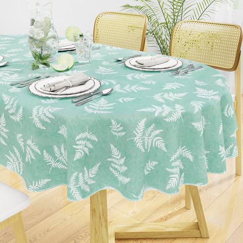 Oval Waterproof Vinyl Table Cloth, Wipeable Tablecloth with Flannel Backing, Plastic Table Cover for Dinner, Picnic, Indoor and Outdoor (Light Green Leaves, 52" x 70") - color: Light Green, size: 70" x 52" (Oval)