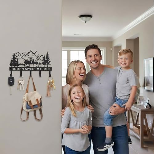 Deer Mountain Metal Key Holder Wall Mount Key Holder for Wall Rustic Cabin Decor Key Rack Hooks Hanger Woodland Wildlife Wall Art Entryway Organizer Housewarming Hunting Gifts - size: Small, style: Sweet Home