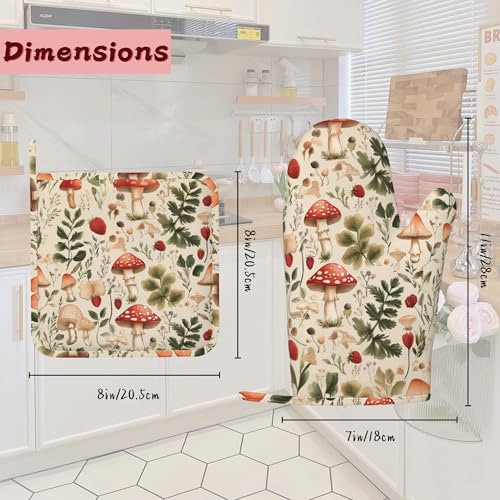 Red Mushroom Forest Strawberry Silicone Oven Mitts and Pot Holders,Heat-Resistant 4 Piece Kitchen Set Non-Slip Oven Gloves and Hot Pads for Cooking, Baking, Grilling,BBQ - color: Red Mushroom Forest Strawberry