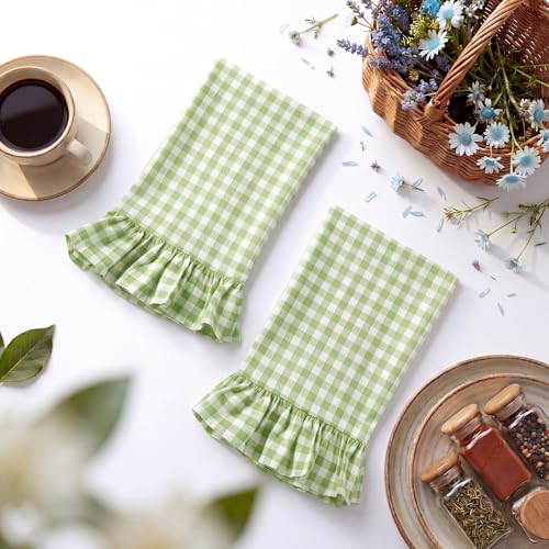 HunnmingRe Mint Green Kitchen Towels Set of 2, 100% Cotton Ruffled Gingham Dish Towels 18"x28" Tea Cloths Classic Plaid Pattern for Farmhouse Charm, Drying Dishes, Entertaining Guests - color: Mint Green, style: Gingham