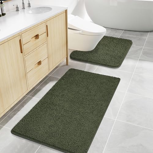 LOCHAS Bathroom Rugs Sets 2 Piece, 20''x20'' & 34''x21'', Olive Green | Non Slip U-Shaped Toilet Rug, Chenille Washable Absorbent, Soft Bath Mat Set for Shower, Sink - color: Olive Green