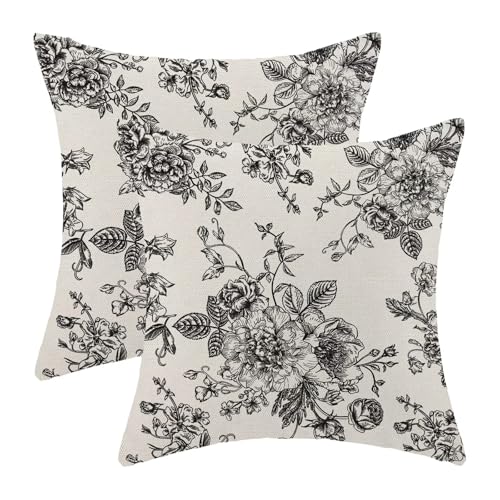 AEIOAE Black Floral Pillow Covers 16 x 16 Inch Set of 2, Vintage Black Chinoiserie Flower Decorative Throw Pillow Covers Outdoor Linen Farmhouse Decor Pillowcase for Home Sofa - color: Black Chinoiserie1, size: 16" x 16" (Pack of 1)