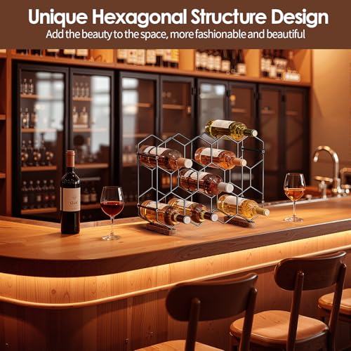 Nuovoware Countertop Wine Rack, 14-Bottle, 3 Tier, Black+Brown | Wine Bottle Organizer Storage, Freestanding Modern Carbon Steel Holder, Hexagonal Structure, for Cabinet, Pantry