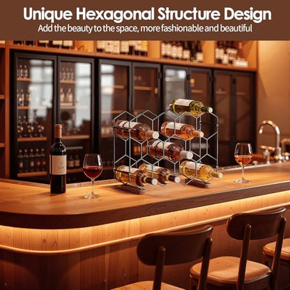 Nuovoware Countertop Wine Rack, 14-Bottle, 3 Tier, Black+Brown | Wine Bottle Organizer Storage, Freestanding Modern Carbon Steel Holder, Hexagonal Structure, for Cabinet, Pantry