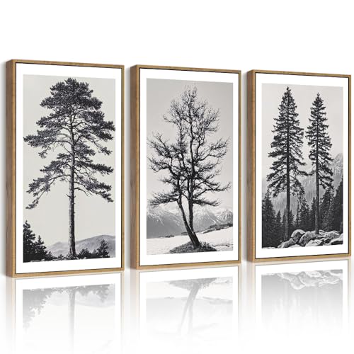 Drsoum Vintage Black Gray Tree Wall Art Framed Antique Retro Forest Prints Modern Rustic Artwork Bedroom Farmhouse Ready to Hang 12x16in Natural Framed - color: Forest Prints, size: 16L" x 12W", Natural Framed