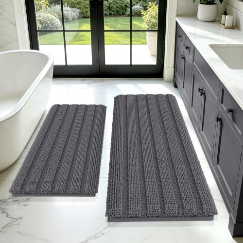 Striped Grey Bathroom Rug Mat Set 2 piece 24"x17"+48"x20" Ultra Soft, Non Slip Chenille Bath Rugs, Absorbent Plush Shaggy Bath Mats for Bathroom, Bedroom, Kitchen, Shower, Tub,Dark Gray, Charcoal - color: Dark Gray, size: 2'×1'5"+4'x1'8"