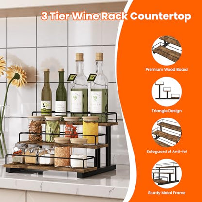 Liquor Bottle Display Shelf, 3 Tier Coffee Syrup Rack Organizer | Wine Rack Countertop, Home Retro Bar Shelf Stand Holder for Liquor Whiskey Spirits, Mini Bar, Liquor Cabinet, Rustic Brown