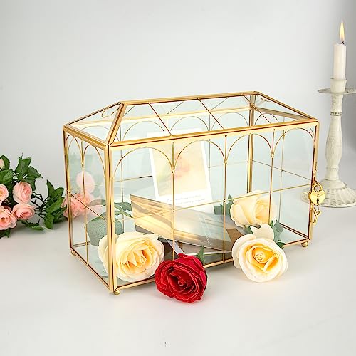 Glass Wedding Card Box with Lock, 12.6x5.9x9 inches Large Gold Card Boxes for Wedding Reception, Graduation, Keepsake Display, Party Centerpiece Gift Box - size: 12.6 x 5.9 x 9 Inches with Arch
