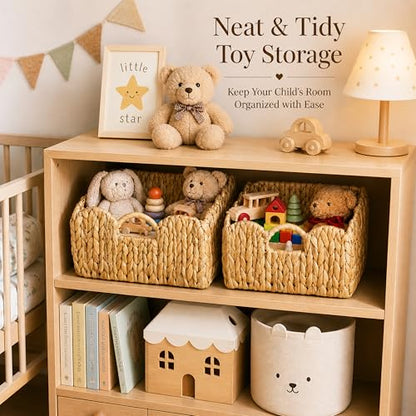 LUSYDECO Set of 2 Scalloped Edge Wicker Storage Basket with Built-in Handles, Rectangle Water Hyacinth Basket for Organizing, Decorative Woven Rattan Basket for Shelf, Nursery Room