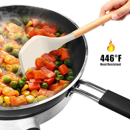 oannao Silicone Cooking Utensils Set - 446°F Heat Resistant Silicone Kitchen Utensils for Cooking,Kitchen Utensil Spatula Set w Wooden Handles, BPA FREE Gadgets for Non-Stick Cookware (Khaki) - color: Khaki