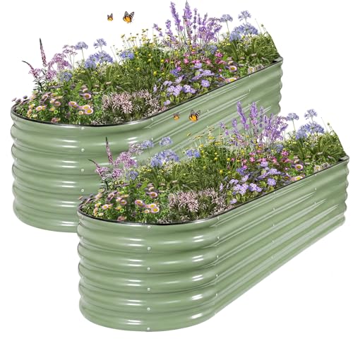 Galvanized Raised Garden Bed - 2 Pcs 8x2x1.4FT Planter Box, Green | Raised Beds for Gardening Outdoor, Metal Flower Bed, Steel Raised Garden Bed Kit with Gloves for Vegetables, Flower, Herbs - color: Green, size: 8x2x1.4FT