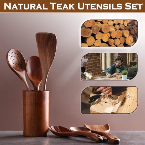 6-Piece Teak Wood Cooking Utensil Set, Wooden Spoons for Cooking | Durable, Non Toxic, Non-Stick, Smooth Finish, Easy to Clean, Comfort Grip, House Warming Gift - style: 6Pcs Set