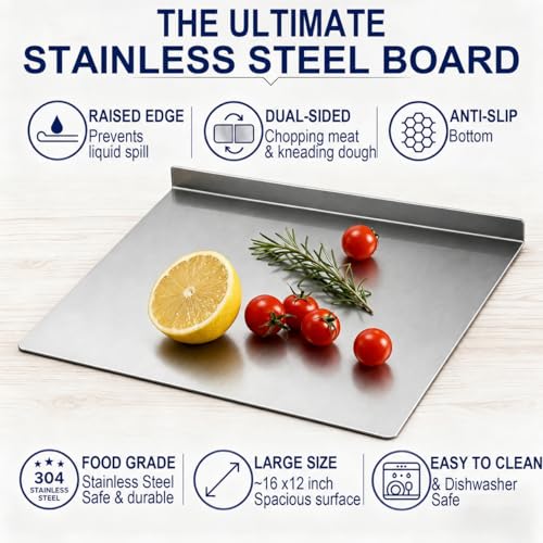 Stainless Steel Cutting Board with Counter Lip,Metal Pastry Board Kitchen | Dishwasher Safe Prep Tray for Meat, Vegetables, Bread and Dough,(16x11.8Inch) - size: 16"L x 11.8"W