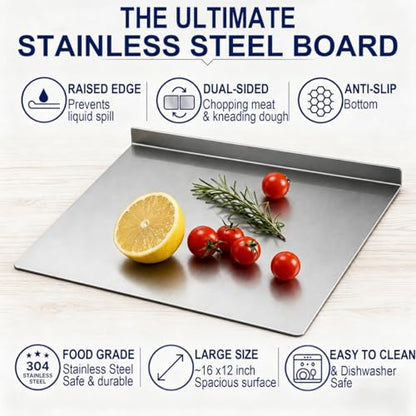Stainless Steel Cutting Board with Counter Lip,Metal Pastry Board Kitchen | Dishwasher Safe Prep Tray for Meat, Vegetables, Bread and Dough,(16x11.8Inch) - size: 16"L x 11.8"W