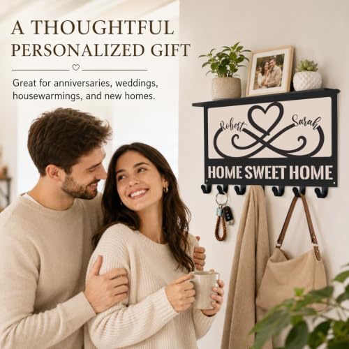 Personalized Metal Key Holder with Shelf, Coat Rack Wall Mount | Custom Names Heart Wall Key Holder with Shelf for Entryway Bedroom, Anniversary & Wedding Gift for Couples - color: Color 01