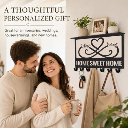 Personalized Metal Key Holder with Shelf, Coat Rack Wall Mount | Custom Names Heart Wall Key Holder with Shelf for Entryway Bedroom, Anniversary & Wedding Gift for Couples - color: Color 01