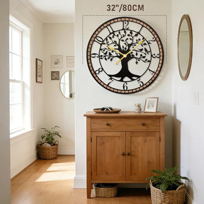 32" Farmhouse Bird Branch Wall Clock with Metal Tree Design | Bird branch accent with quiet movement, hardware included, 1 AA battery not included; approx. 10 lb for wide feature walls - color: Arab, size: 32'' x 32''
