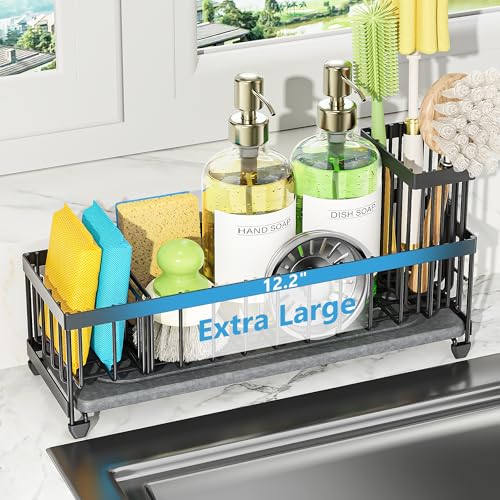 Cisily Extra Large Sink Caddy Organizer with Drying Stone, Black Sponge Holder for Kitchen, Dish Brush Holder for Countertop, Kitchen Decor Storage and Essentials - color: Black