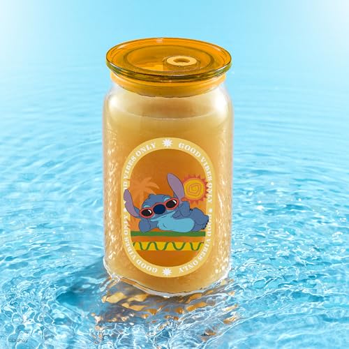 JoyJolt Disney Stitch Island Vibes Glass Tumblers with Lids and Straws, 16oz Glass Cups with Lids and Straws, Can Shaped Drinking Glasses Set of 4, Stitch Stuff, Disney Gifts for Adults - style: Stitch