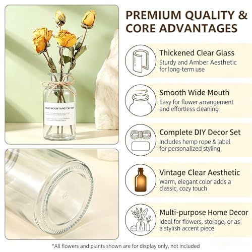 6.38 Inch 17oz Clear Glass Vase, Wide Mouth Flower Vase with Hemp Rope | Thickened Glass Body, Natural Hemp Rope, Smooth Wide Mouth, Stable Base, DIY Sticker Included, 2 Color Options - color: Clear