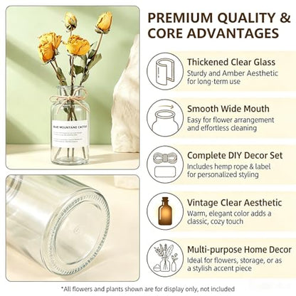 6.38 Inch 17oz Clear Glass Vase, Wide Mouth Flower Vase with Hemp Rope | Thickened Glass Body, Natural Hemp Rope, Smooth Wide Mouth, Stable Base, DIY Sticker Included, 2 Color Options - color: Clear