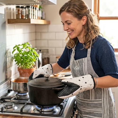Mini Oven Mitts Set - 5.5” x 8.6” Small Heat Resistant Kitchen Mitt with Non-Slip Silicone Grips Palm, Soft Filling Washable Gloves with Hanging Loop for Home Cooking Baking Picnic (Flower) - color: White