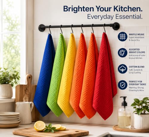 HOMEFRONT Kitchen Towel, Hand Towel for Kitchen, Set of 5, Multicolor | Cotton Blend Waffle Weave Dish Towels, Super Absorbent Quick-Dry Tea Towels, 18' x 28'