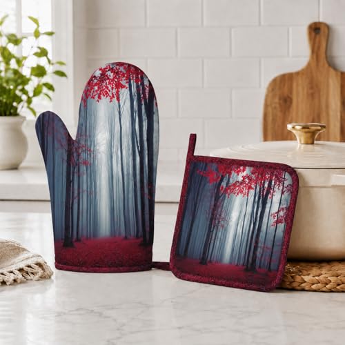 Misty Forest Oven Mitt and Pot Holder with Silicone Woodland Mountain Heat Resistant Kitchen for Cooking BBQ Baking Grilling Cooking Protection - color: Misty Forest