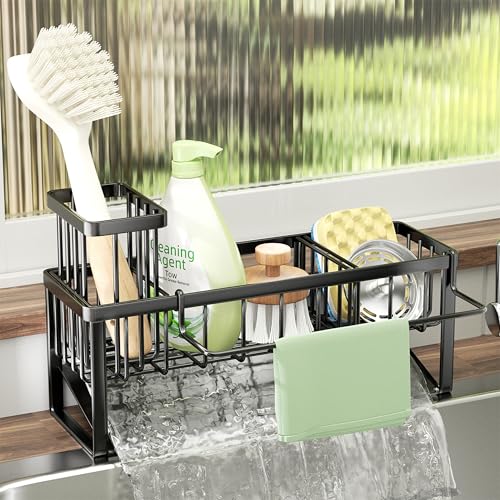 SWTYMIKI Sponge Holder for Kitchen Sink - Sink Caddy with Brush Holder and Stainless Steel Self Drain Tray, Sponge Caddy Organizer with Divider Kitchen Accessories Storage for Countertop, Black - color: Black