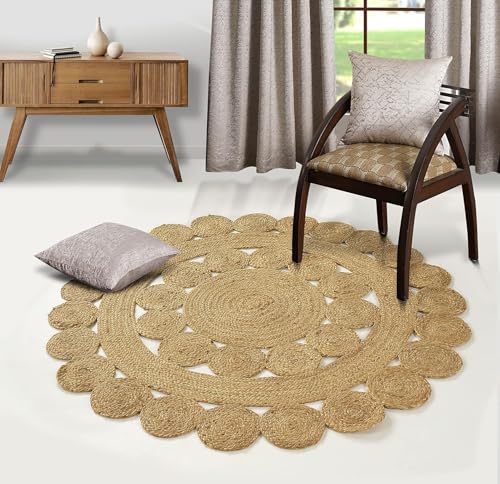GRUHUM Jute Area Rug 7ft Round Natural Hand Woven Boho Charm Farmhouse Rug | 100% Natural Jute Braided Rustic Vintage Beige Reversible Low Pile EcoFriendly Indoor Bedroom Living Room Hallway Home Decor - color: Natural- 29, size: 7' (Round)