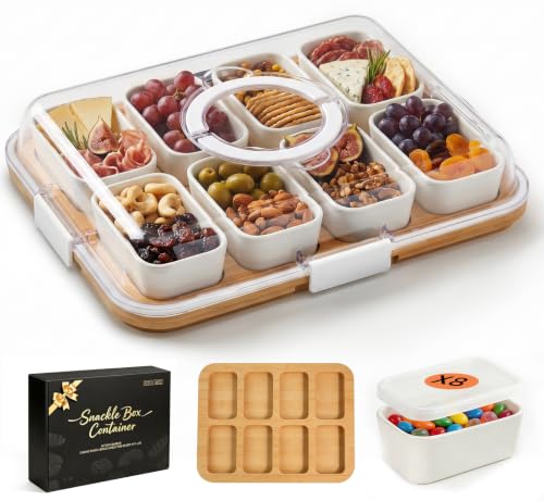 Portable Charcuterie Boards with Lid, 8 Ceramic Bowls, Serving Tray | Clear Lid Keeps Food Fresh, Travel Portable Board for Kitchen, Picnic and Party, House Warming Gifts New Home - color: 8 Compartments White