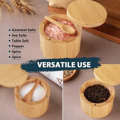 Bamboo Salt Cellar, 2 PCS Salt Container with Built-in Spoon, Salt Box Bowl with Magnetic Swivel Lid, Elegant Kitchen Salt Holder Saver Jar to Storage Pepper Spice Sea Salt for Countertop - color: 2 PCS Bamboo Salt Cellar