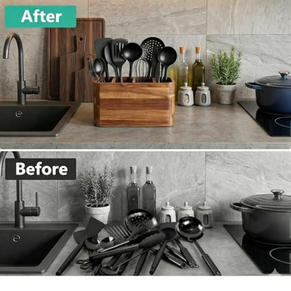 Kitchen Utensil Holder for Counter or Countertop, Extra Large Acacia Wood Organizer with 4 Compartments, Wooden Utensil Holder for Cooking and Silverware, Rustic Wood Container Sturdy Utensil Crock