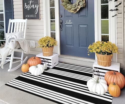 Black and White Outdoor Rug 3x5, Front Door Mat Patio Rugs Porch Decor - color: Black/White Stripe, size: 3' x 5' (Rectangular)