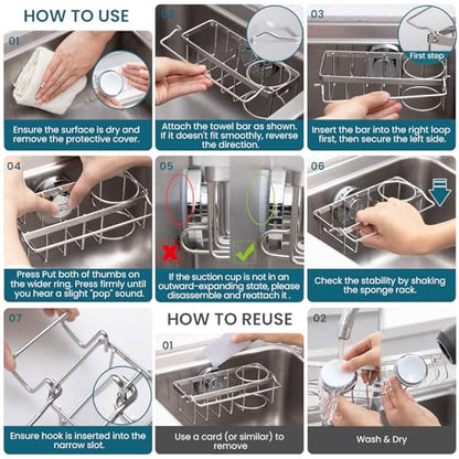 TAILI 4-in-1 Sponge Holder for Kitchen Sink with Strong Suction Cup-Silver | Removable Rustproof 304 Stainless Steel Multi-compartment Sponge Holder with Suction Cup, Keeps Brushes & Scrubbers Tidy - color: Silver, size: 7.28" x 2.36"