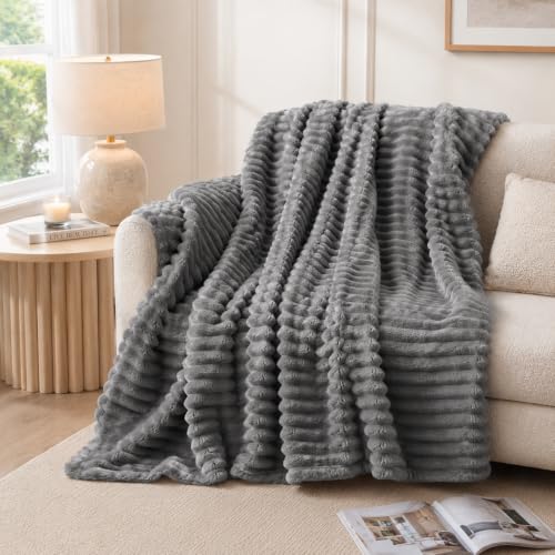 Nookly Grey Twin Size Fleece Blanket, Soft Lightweight Ribbed Plush Bed Blanket, Cozy All-Season Striped Fleece Twin Throw for Bedroom and Home, 60x80 Inches - color: Grey, size: Twin(60"x80")