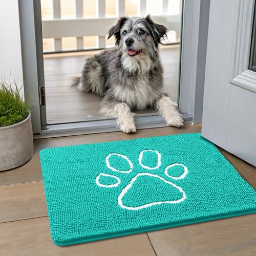 Smiry Dog Door Mat for Muddy Paws, Absorbent Non Slip Dirt Trapper, 24x16 | Turquoise and White, Quick Dry Washable Chenille Mat for Mud Dogs, Entry Rug for Indoor and Outdoor - color: Turquoise and White, size: 24"X16"