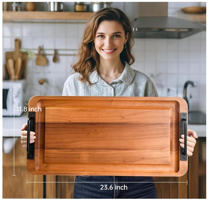 Large Wooden Charcuterie Board with Handles Long BBQ Serving Tray Platters | Rectangular Meat Cutting Board with Juice Grooves for Party Appetizers,Home & Outdoor Housewarming Gift 23.6x11.8x1.1”