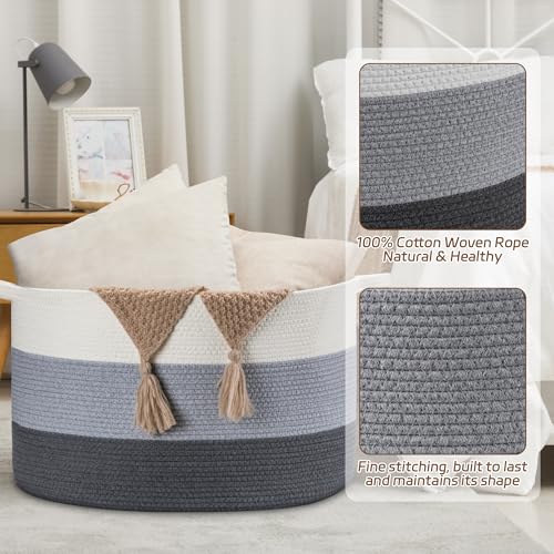 XXXLarge Woven Cotton Rope Basket (21.7" x 13.8") 90L – Blanket Basket for Living Room, Laundry Hamper, Baby Laundry Hamper, Toy Storage, Pillows & Cushions Organizer (White & Blue) - color: White & Blue