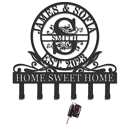 Personalized Metal Key Holder with Family Name, Key Hooks for Wall, Key Rack, Coat Hooks, Custom Name Key Rack, Wedding Housewarming Gift - color: Design 8