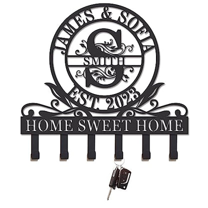 Personalized Metal Key Holder with Family Name, Key Hooks for Wall, Key Rack, Coat Hooks, Custom Name Key Rack, Wedding Housewarming Gift - color: Design 8